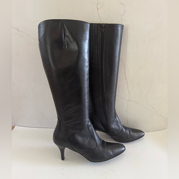 J Crew Made In Italy Leather Black Knee High Heels Boots SZ 9 - Picture 1 of 11